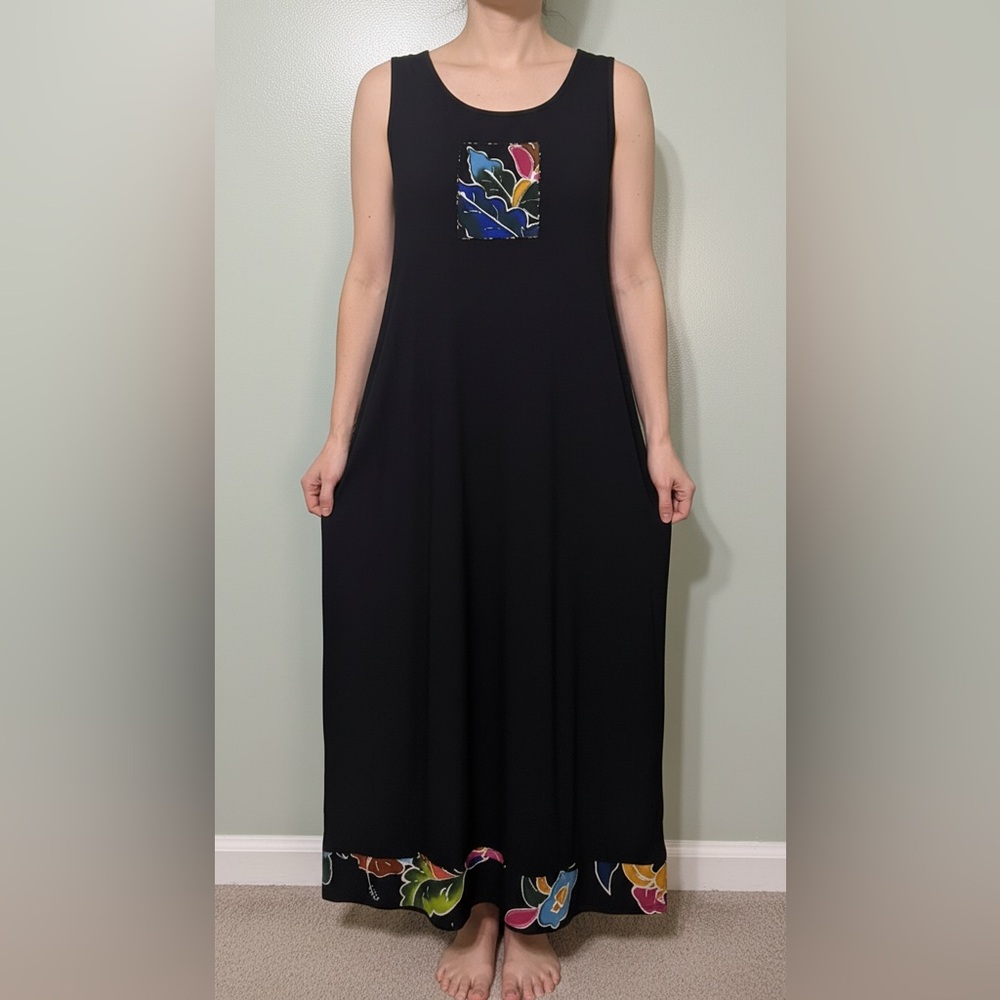 Paradiso Black Sleeveless Maxi Dress with Floral Accents Size M Rayon